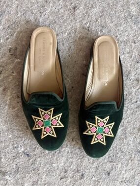 Stubbs & Wootton Dark Green Velvet Embroidered Star Mules